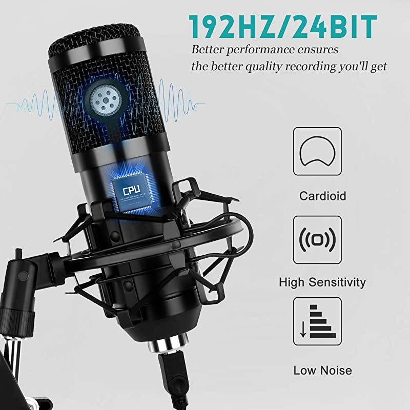 Condenser Microphone for Computer PC 192KHZ24BIT Professional Cardioid Microphone Kit with Adjustable Scissor Arm Stand Shock Mount Pop Filter for Karaoke YouTube Gaming Recording
