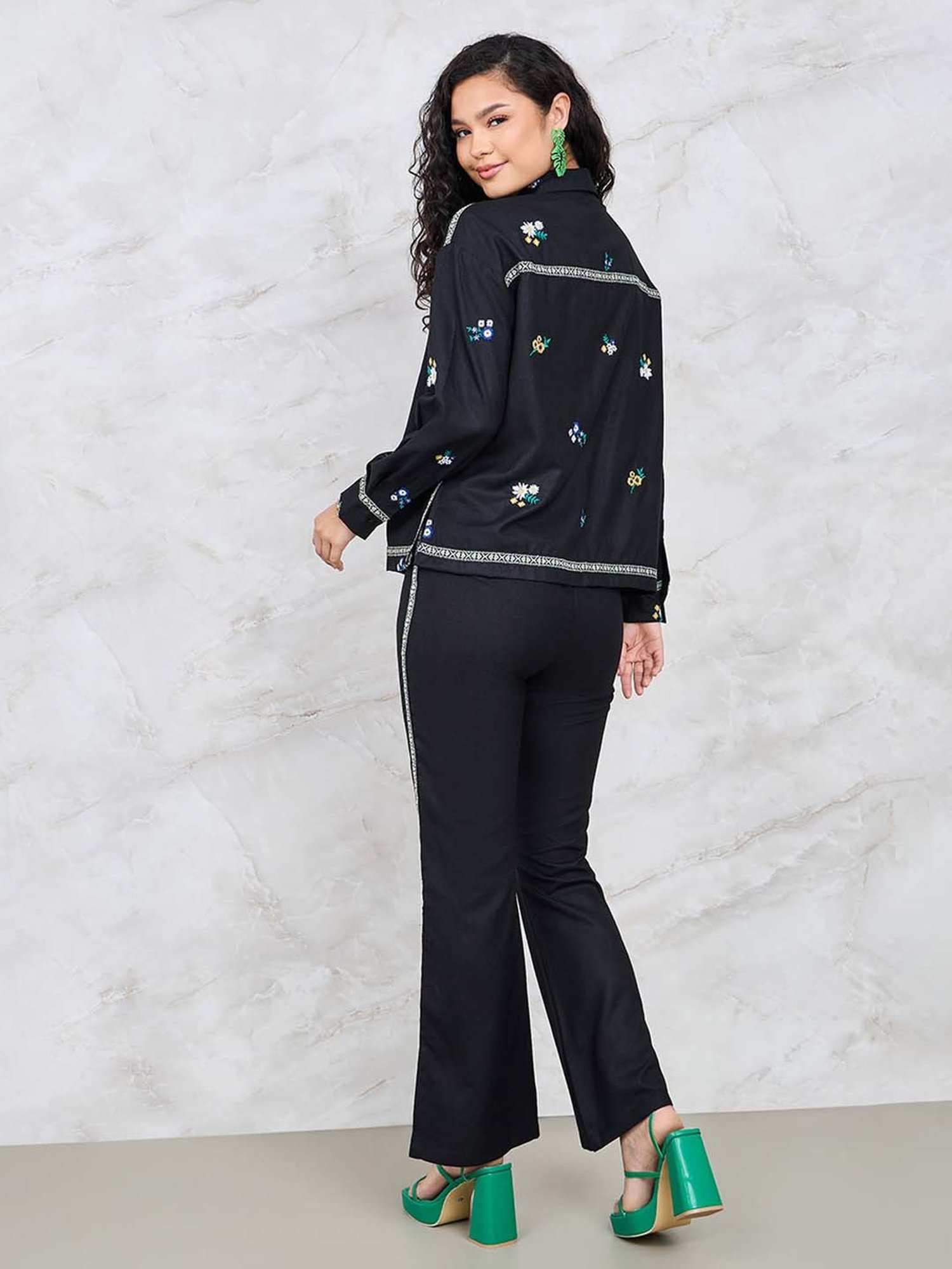 Styli Black Embroidered Shirt Pants Set