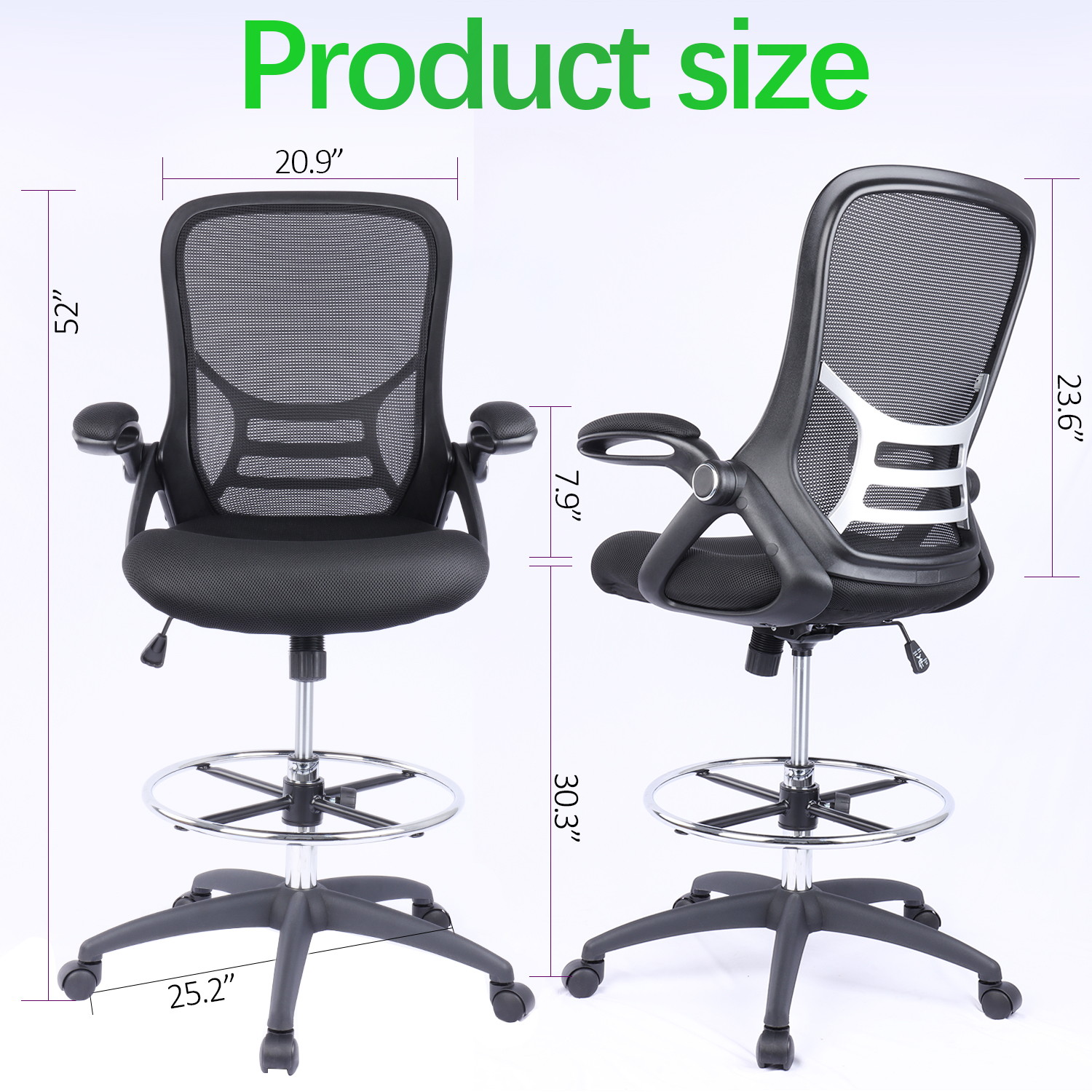 High-Back Mesh Ergonomic Drafting Chair Tall Office Chair Standing Desk Stool with Adjustable Foot Ring and Flip-Up Arms (Black)