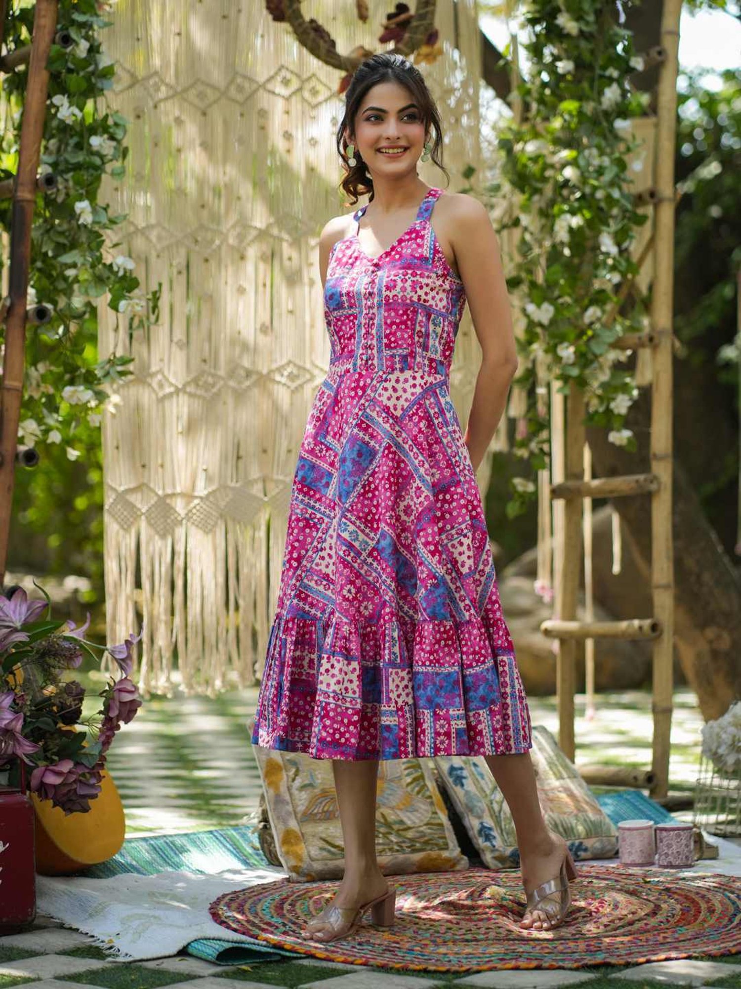 Rain and Rainbow Pink Cotton Printed A-Line Dress