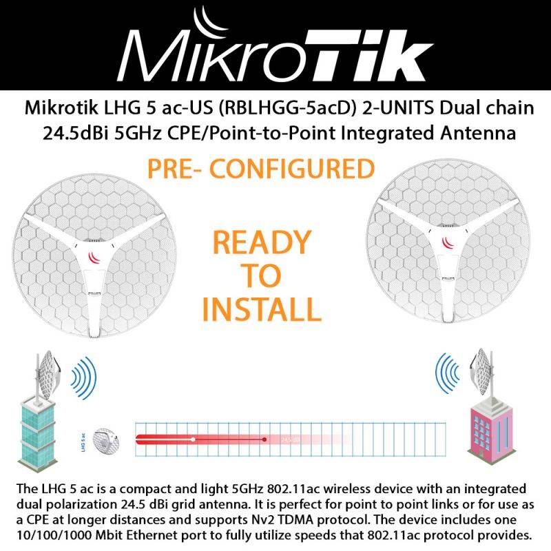 Mikrotik LHG 5 ac-US (RBLHGG-5acD) 2-UNITS Dual chain 24.5dBi 5GHz 802.11ac wireless CPE/Point-to-Point Integrated Antenna **PRE-CONFIGURED**