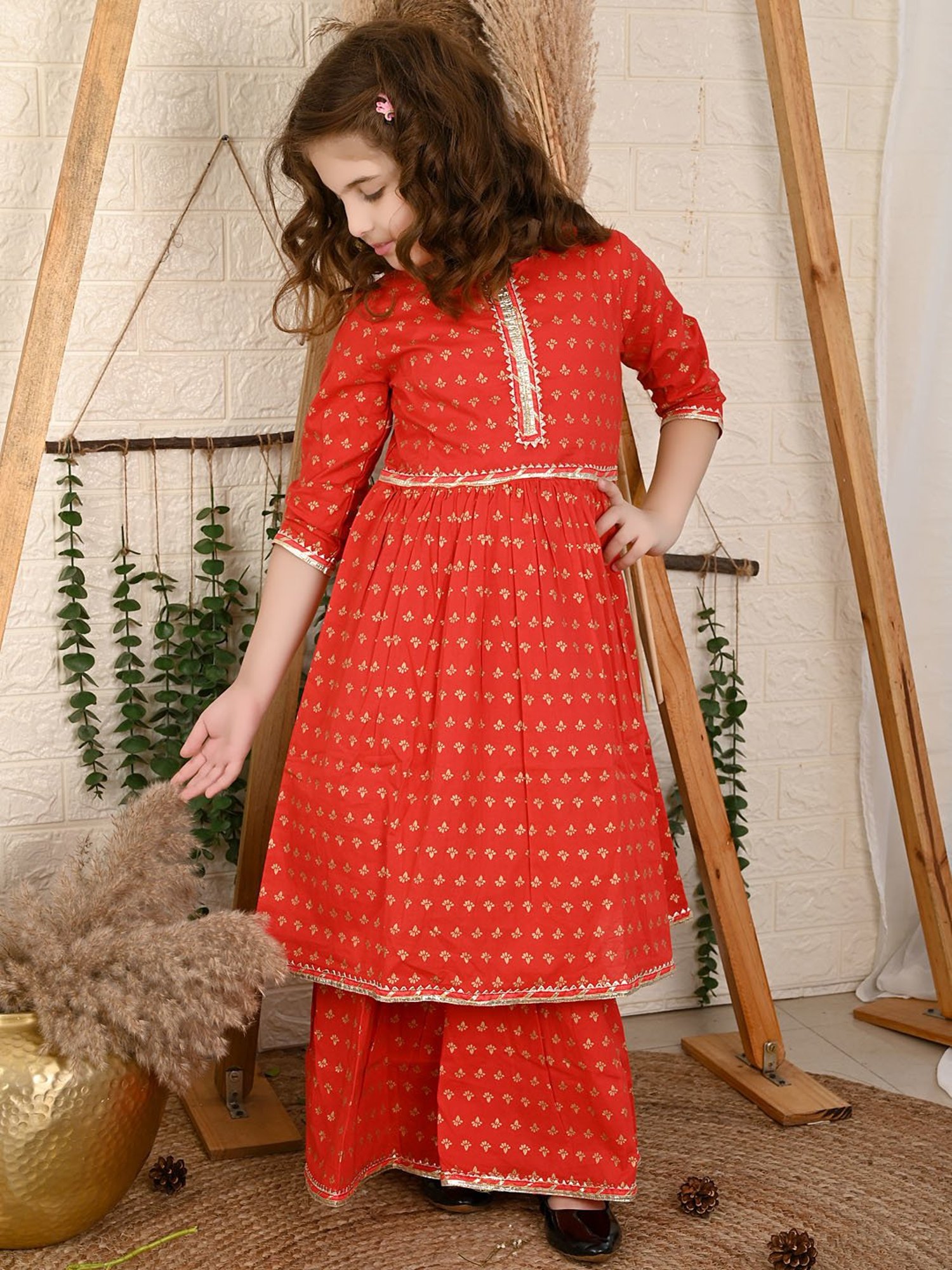 LilPicks Kids Red Printed Kurta with Sharara