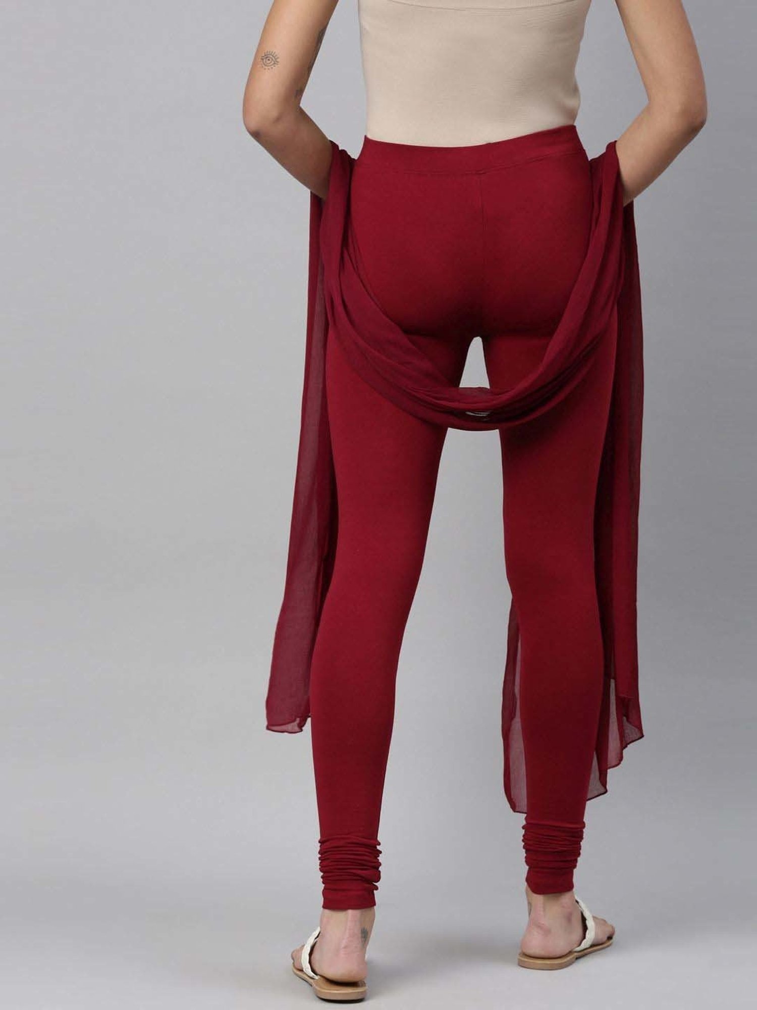 TWIN BIRDS Maroon Cotton Full Length Leggings With Dupatta