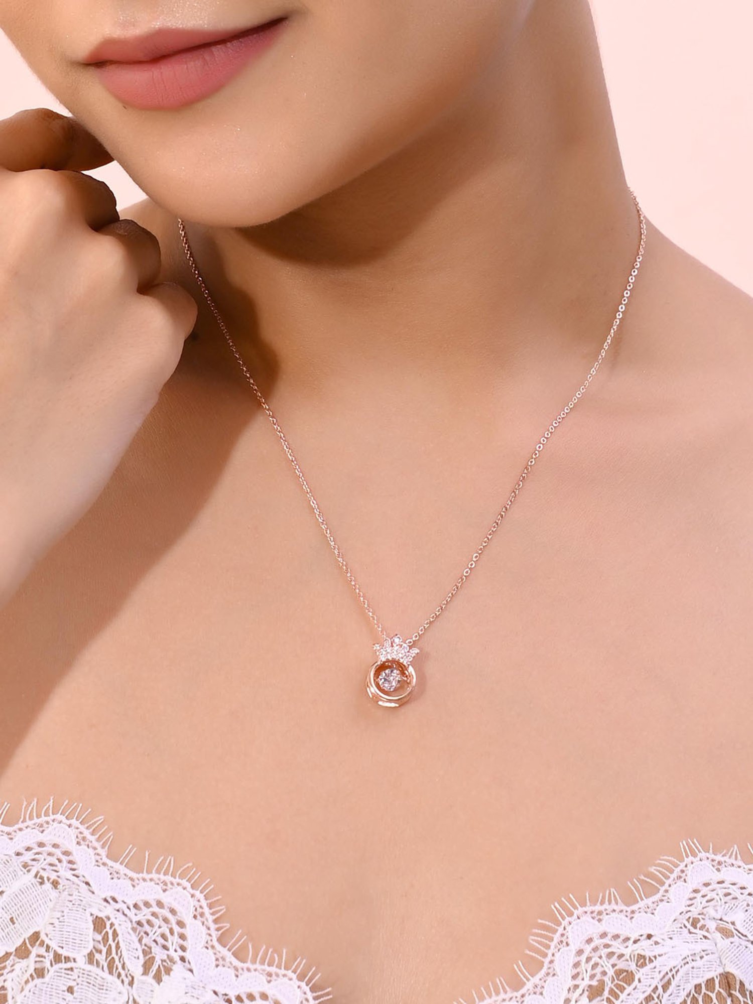 VOJ Rose Gold Plated Chain with Ad Studded Crown Shaped Pendent