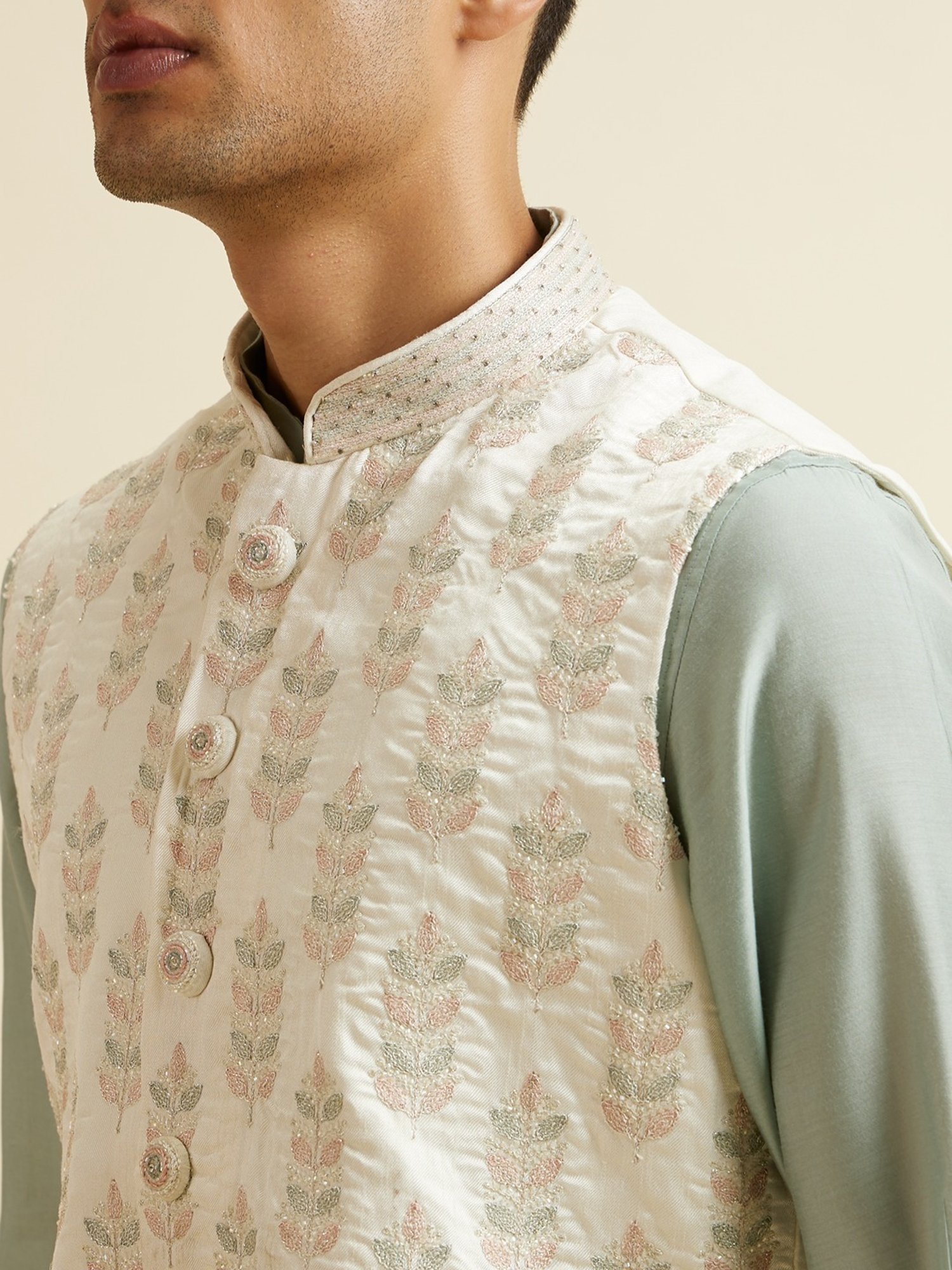 Manyavar White Regular Fit Embroidered Nehru Jacket