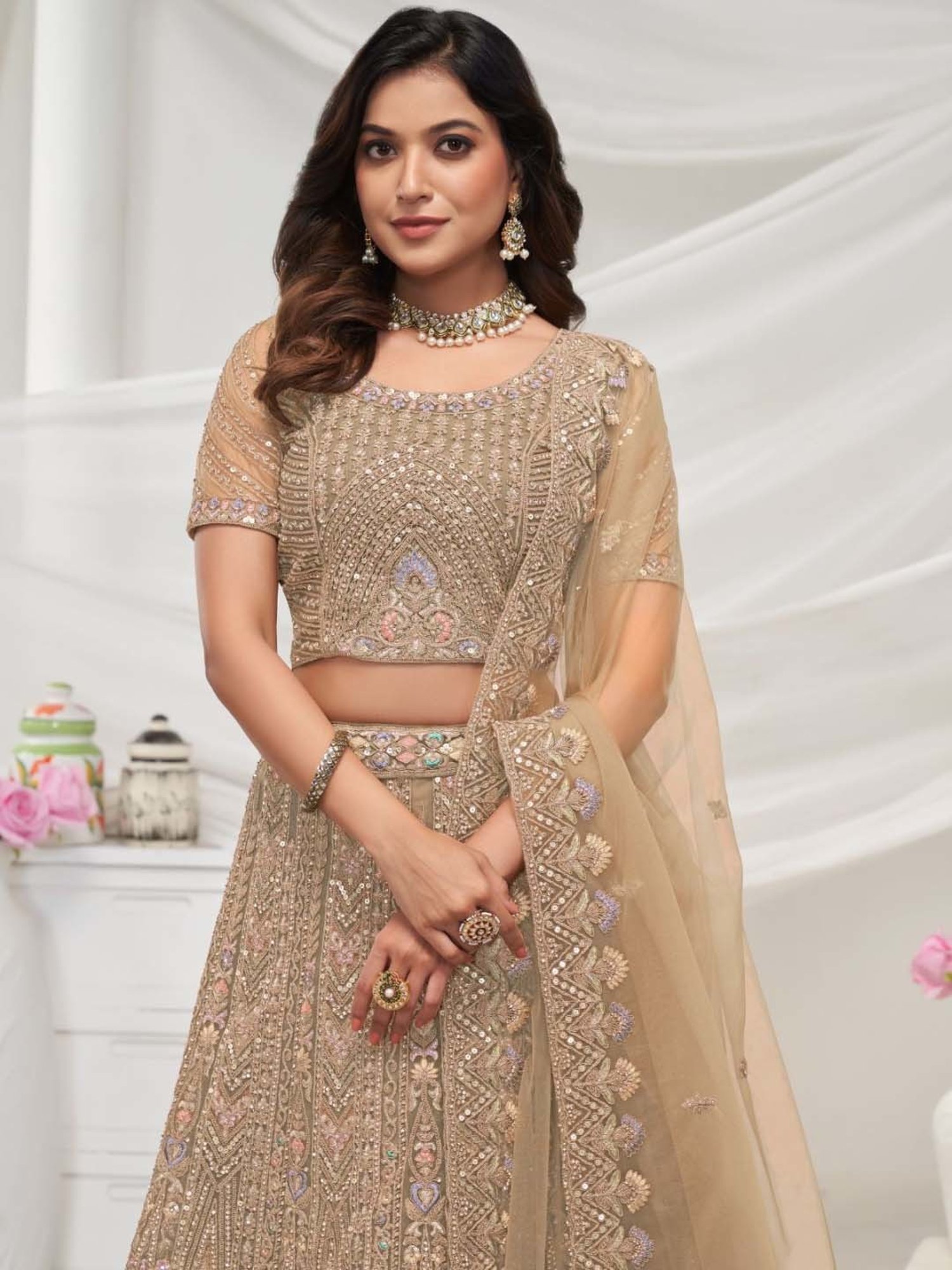 Odette Beige Embroidered Lehenga Choli Set With Dupatta