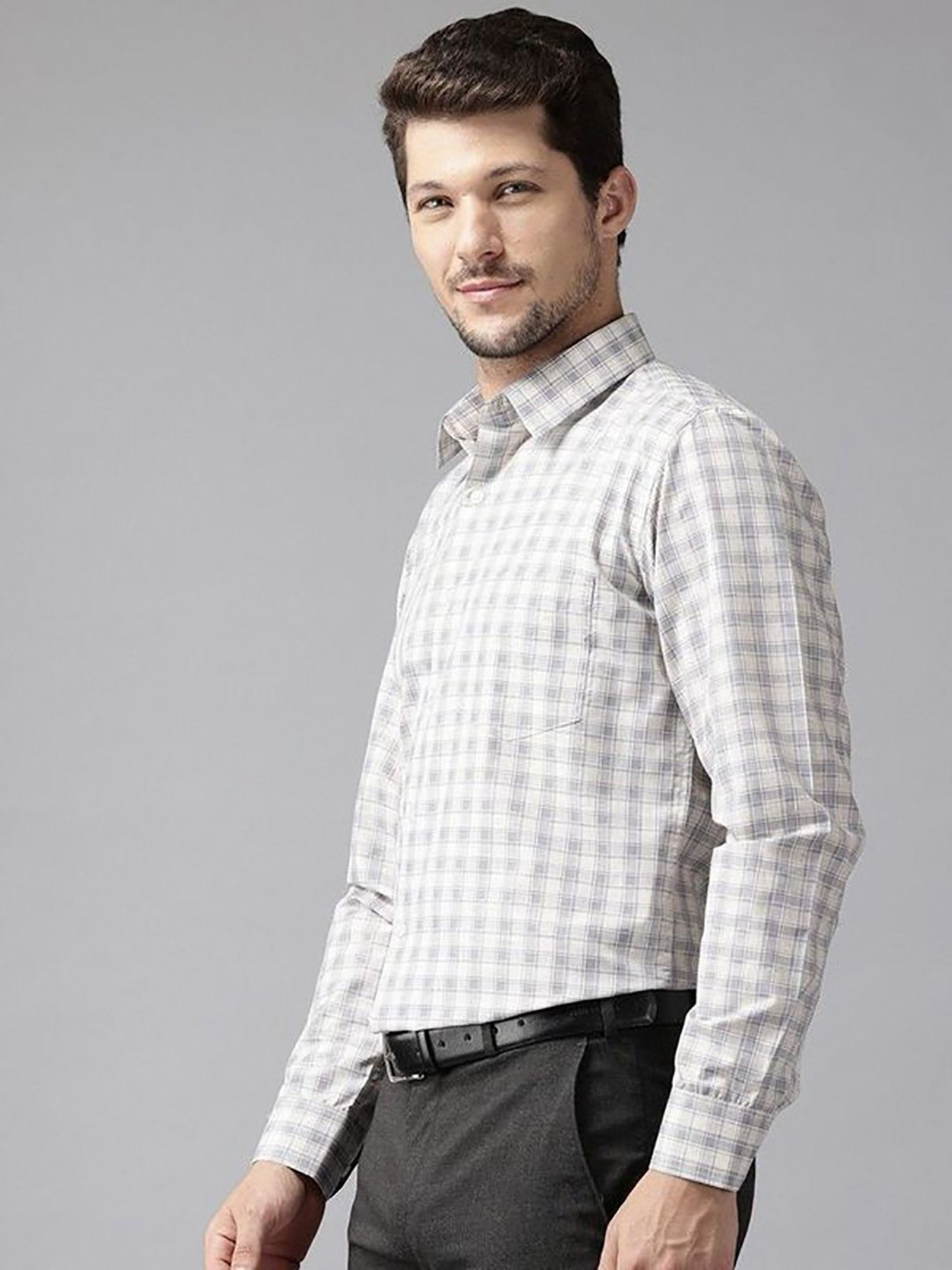 English Navy Beige Slim Fit Checks Shirts