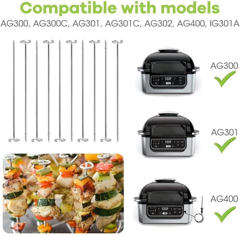 AIEVE 10 Pack Stainless Steel Grill Kebab Skewers, Barbecue Skewers Grill Accessories Cookware Compatible with Ninja Foodi Air Fryer AG300, AG300C, AG301, AG301C, AG302, AG400, IG301A