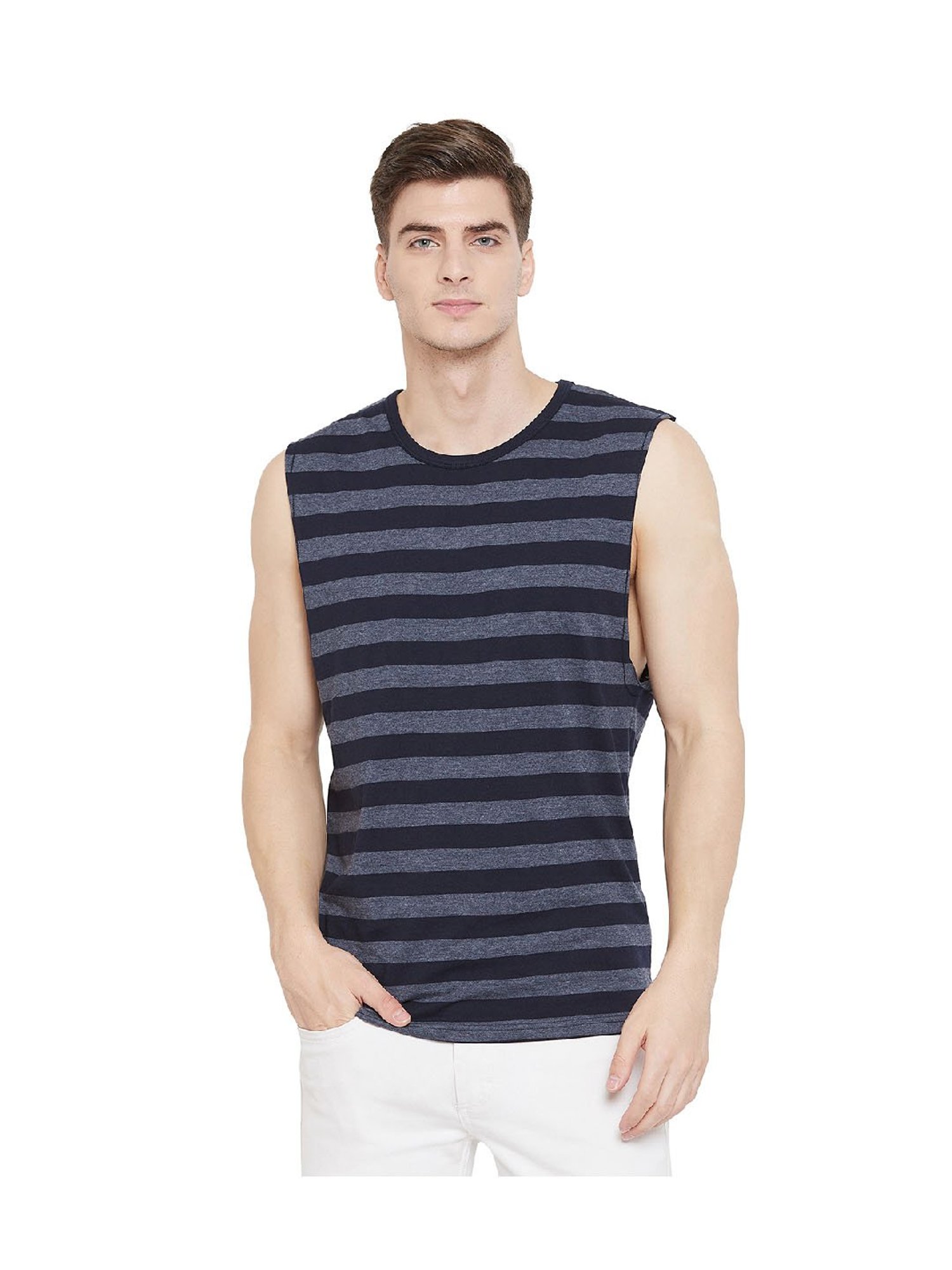 Hypernation Blue & Grey Stripes Cotton T-Shirt
