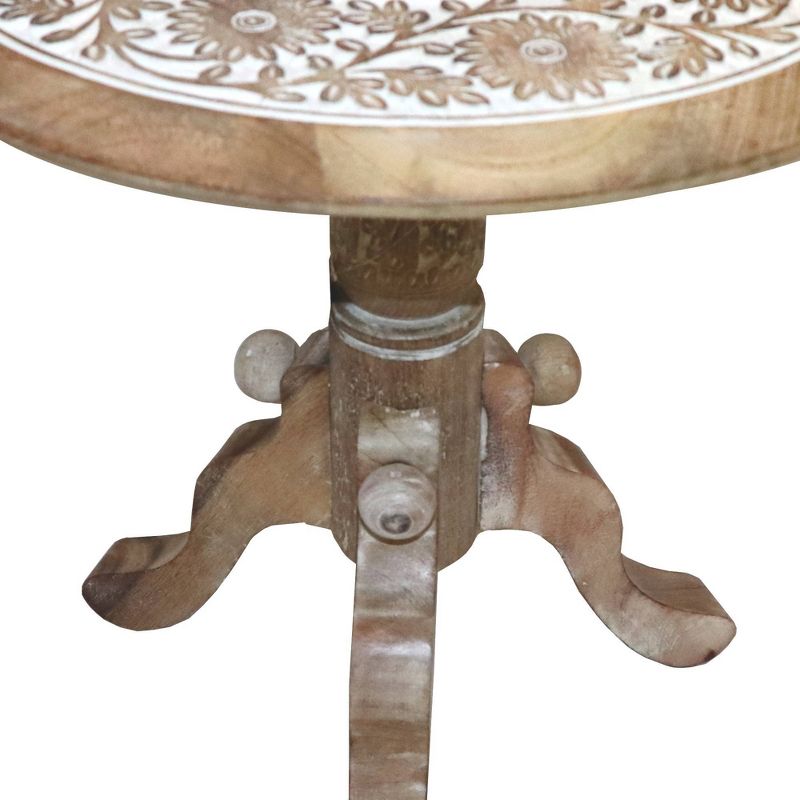 Intricately Carved Round Top Mango Wood Side End Table with Pedestal Base Brown/White - The Urban Port