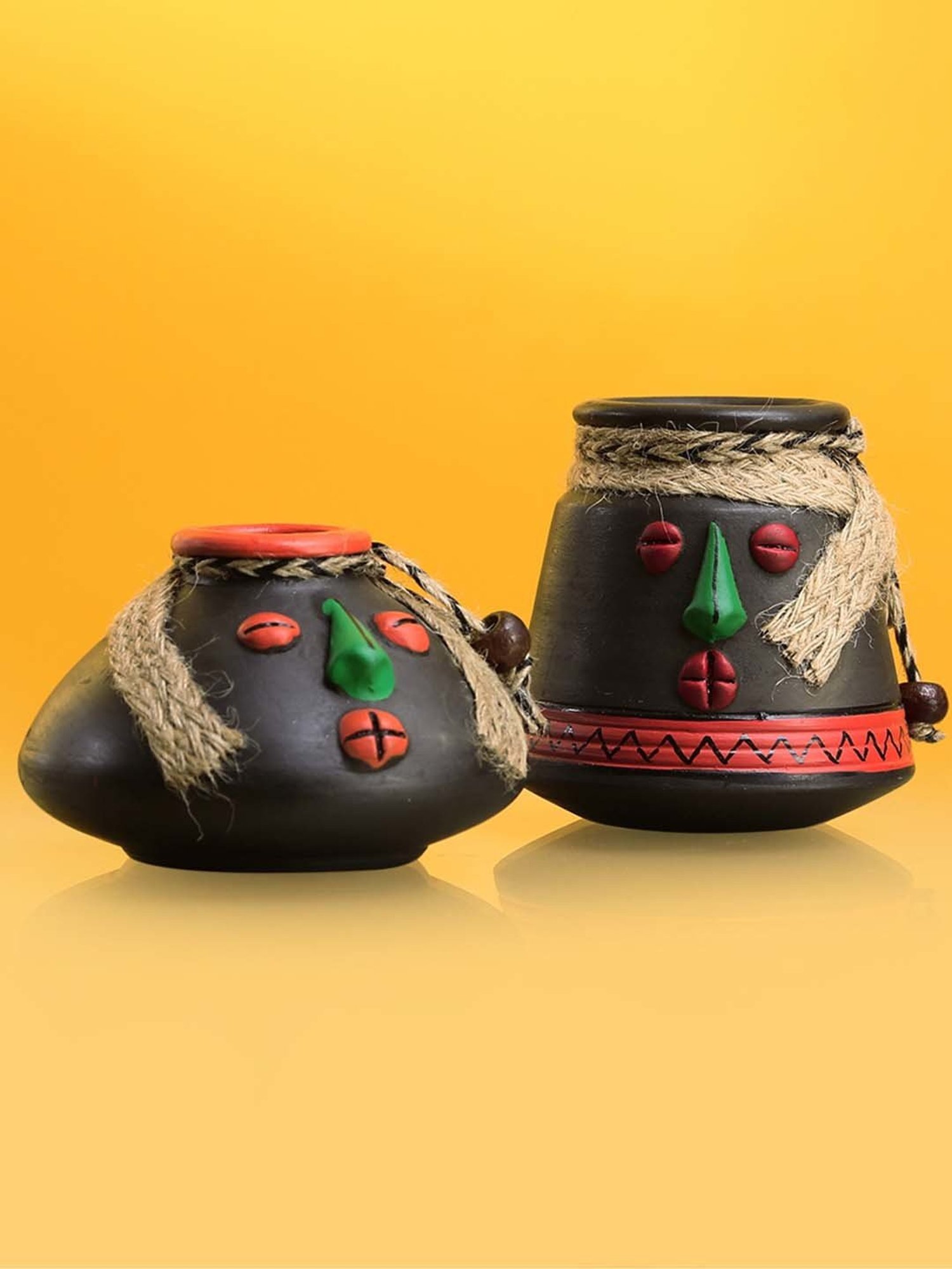 ExclusiveLane Tribal Rustic Pot-Faces In Terracotta With Jute Detailing Pots Showpieces (Set Of 2)