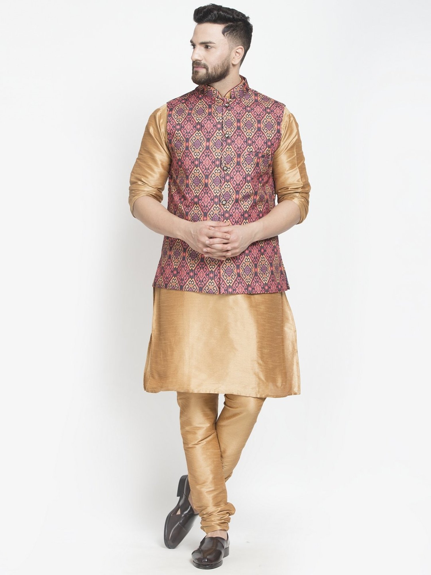 Benstoke Copper & Rust Regular Fit Geometric Kurta Set With Jacket