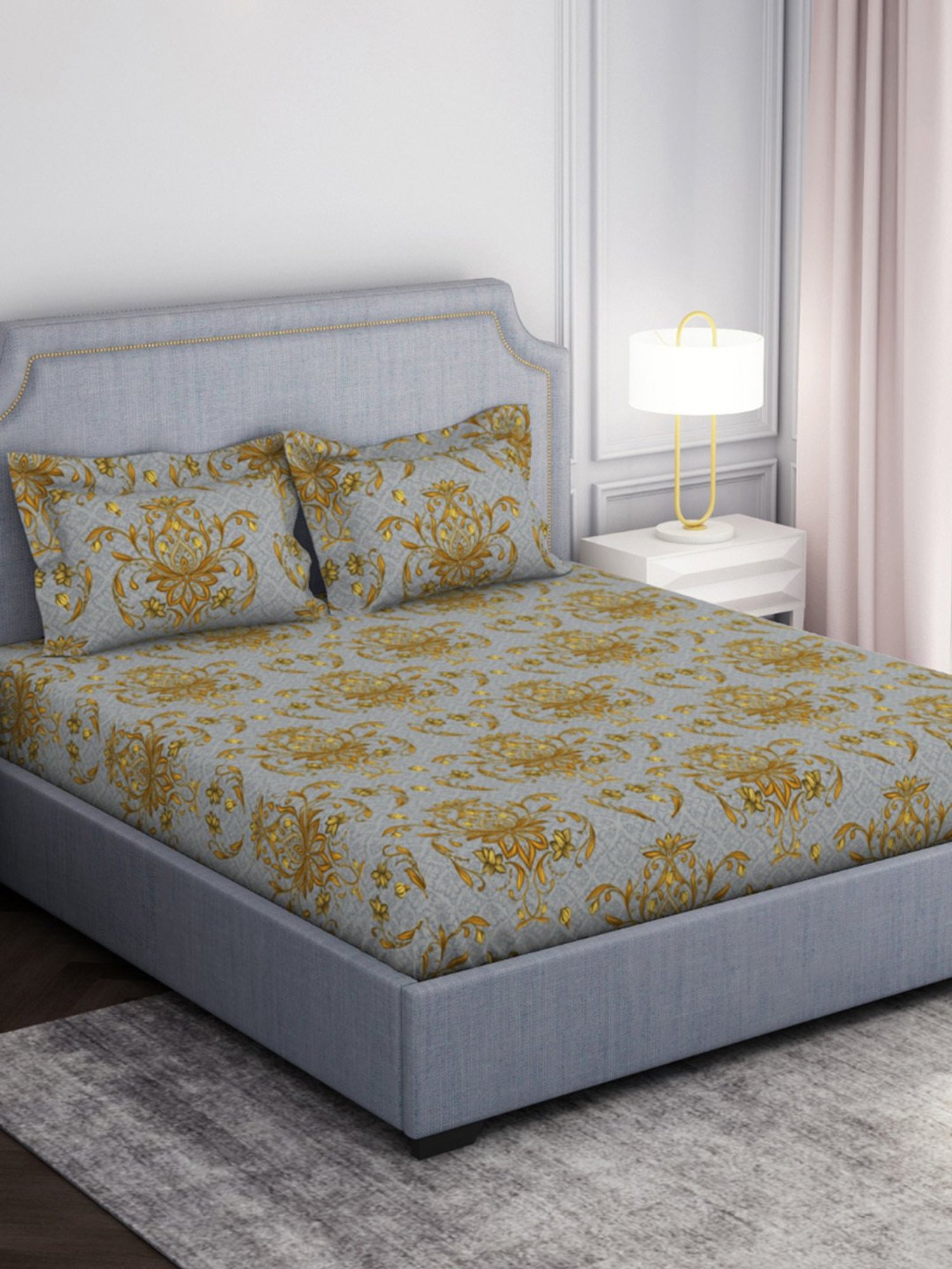 Welspun Adore Abstract Grey 105 TC Microfiber Double Bedsheet with 2 Pillow Covers