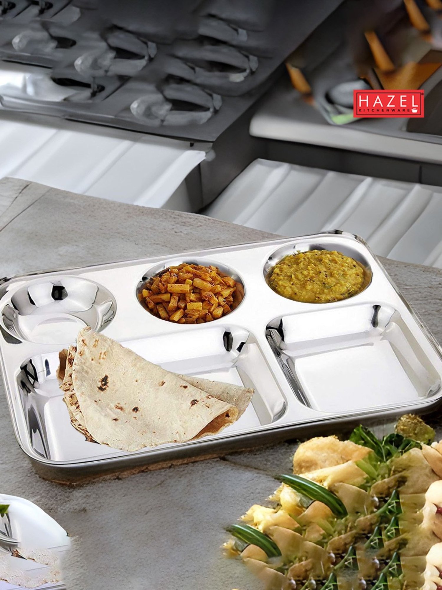 HAZEL Stainless Steel Compartment Mess Plate Steel Rectangle Bhojan Thali with Round Holes