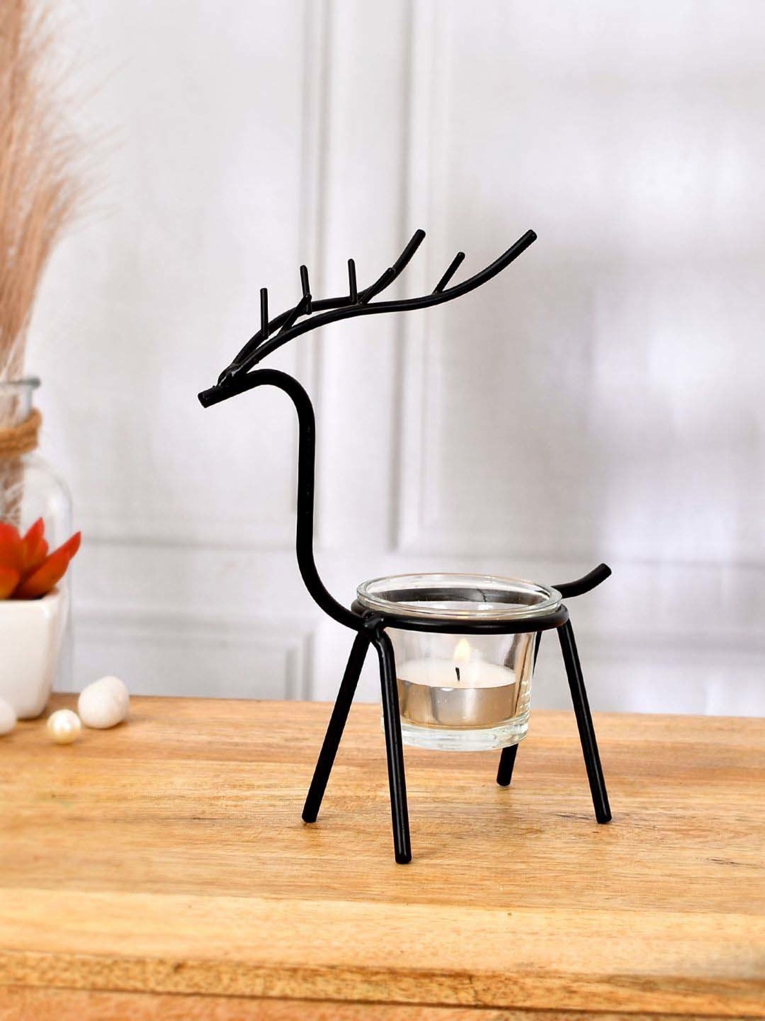 Tayhaa Black & Transparent Metal Reindeer Tealight Candle Holder