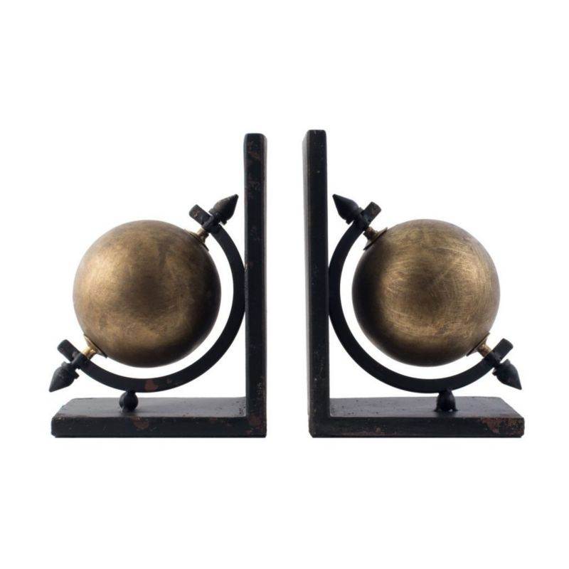 Set of 2 Gold and Black Sphere Iron Bookends 8"