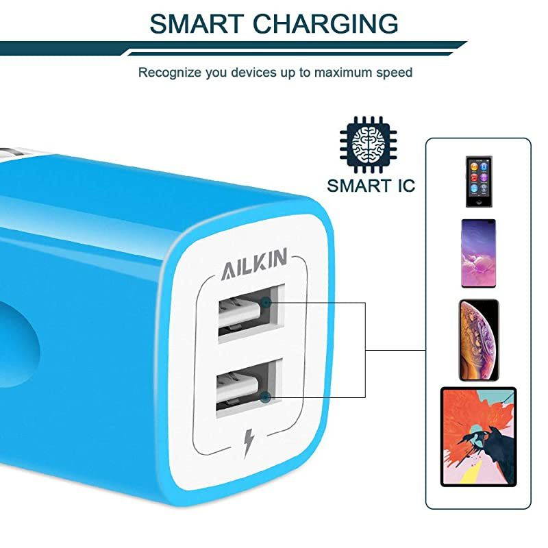 Foldable Charger Block, Dual USB Plug in Wall Charger, Travel Charger Adapter Fast Charging Box Double USB Cube Ports for Pad, Phone XS XR MAX 8 Plus, LG, Pixel, Fire, Blue, Headphone-Blue