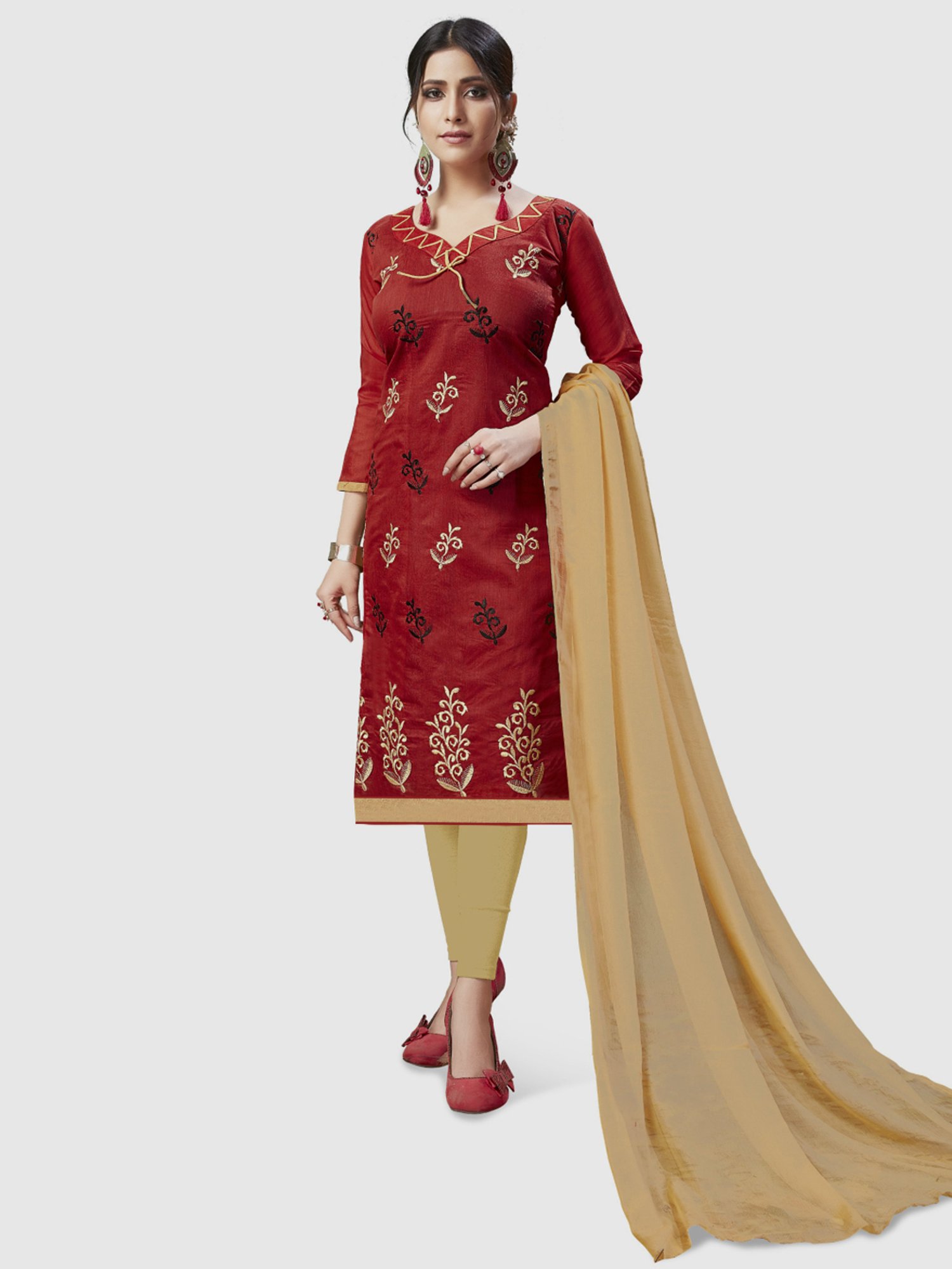 APNISHA Maroon & Beige Embroidered Unstitched Dress Material