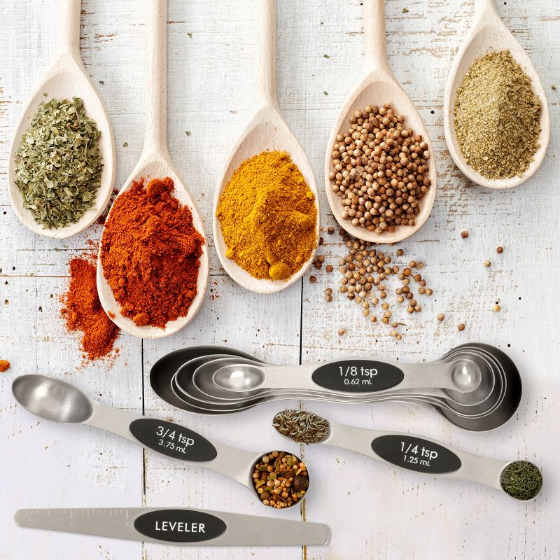 Zulay Kitchen Stainless Steel Magnetic Measuring Spoons, 8 Piece Set With Leveler, Easy to Attach and Detach, Double-Sided Design Fits Spice Jars