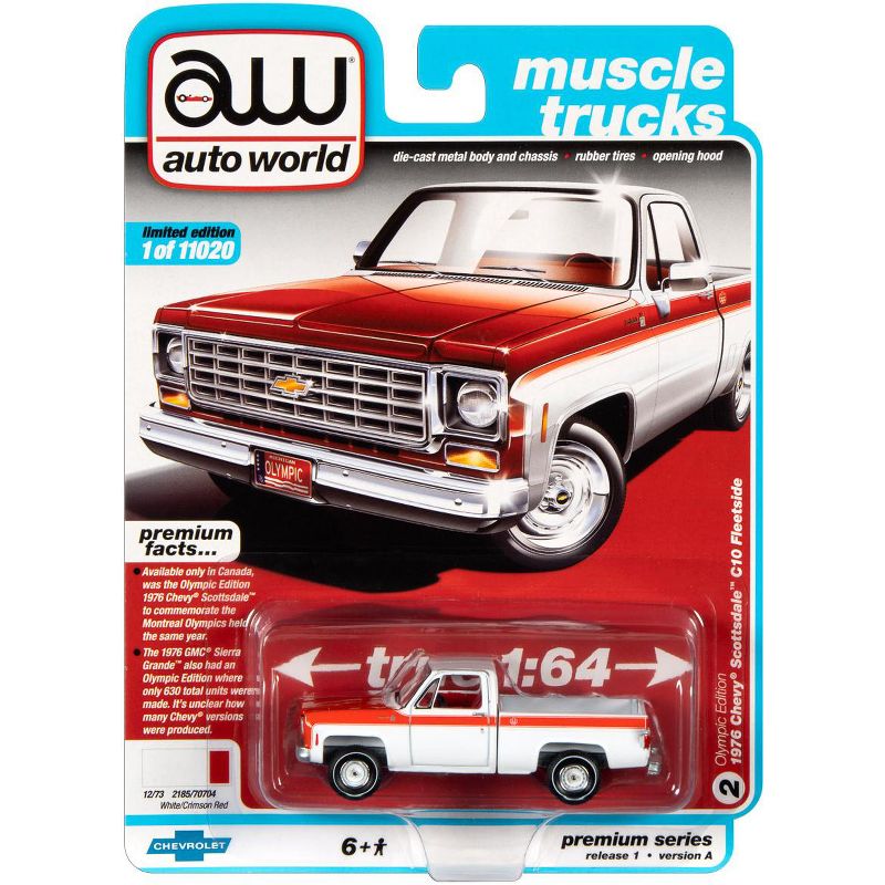 1976 Chevrolet Scottsdale C10 Fleetside Pickup Truck "Olympic Ed" White & Red Ltd Ed 11020 pcs 1/64 Diecast by Autoworld