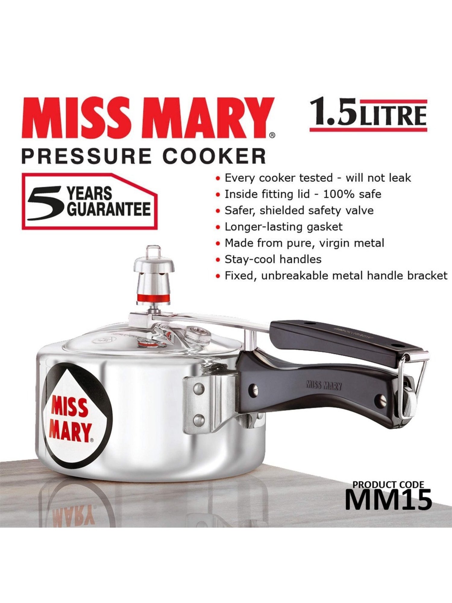 Hawkins Miss Mary Silver Aluminium Pressure Cooker 1.5 L
