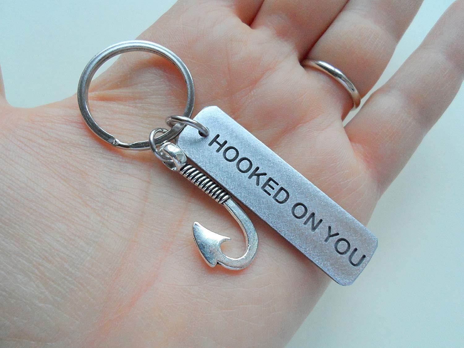 Hook Keychain With "Hooked On You" Engraved Aluminum Tag; Couples Keychain