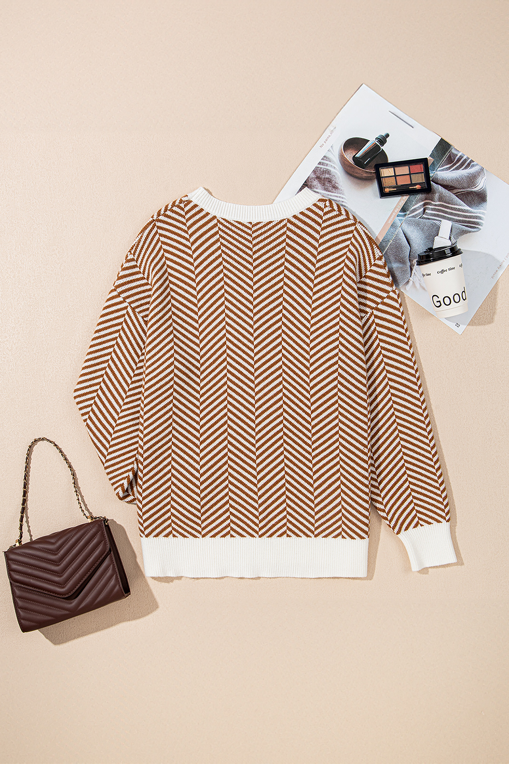 Coffee Stripe Contrast Edge Crew Neck Drop Shoulder Sweater