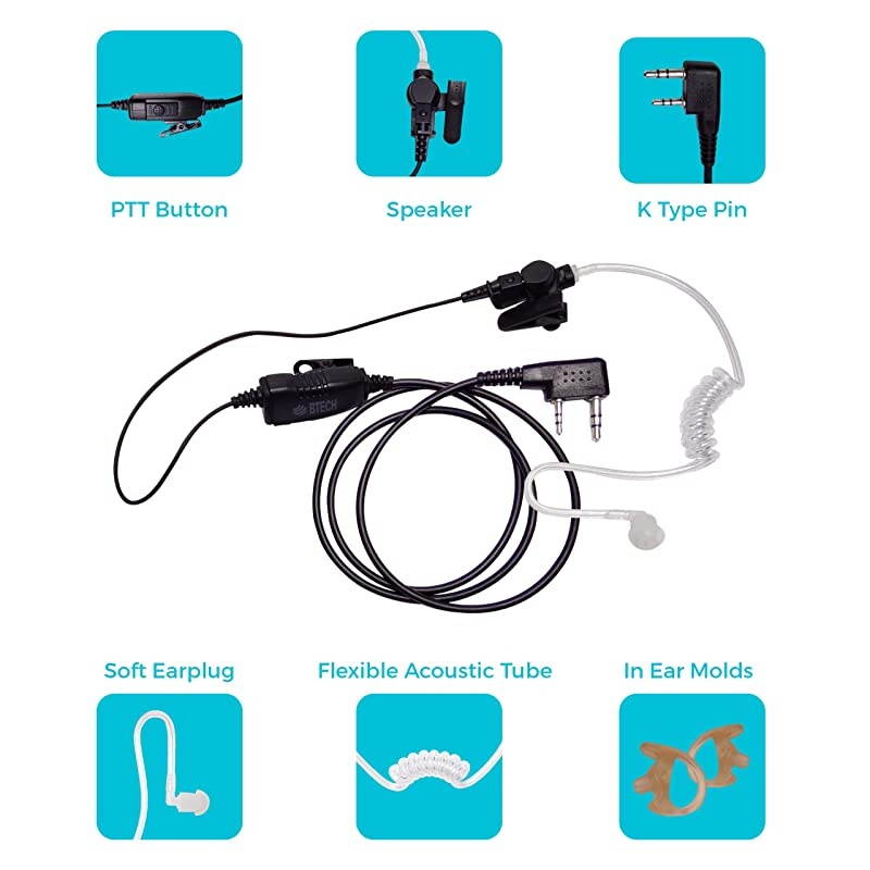 QHM07 Premium Noise Cancelling Earpiece with In-line PTT & Microphone (Includes Earmolds and Earbud) with Clear Acoustic Coil Tube for BaoFeng, , Kenwood Radios (10 Pack) &ndash; Platinum Series
