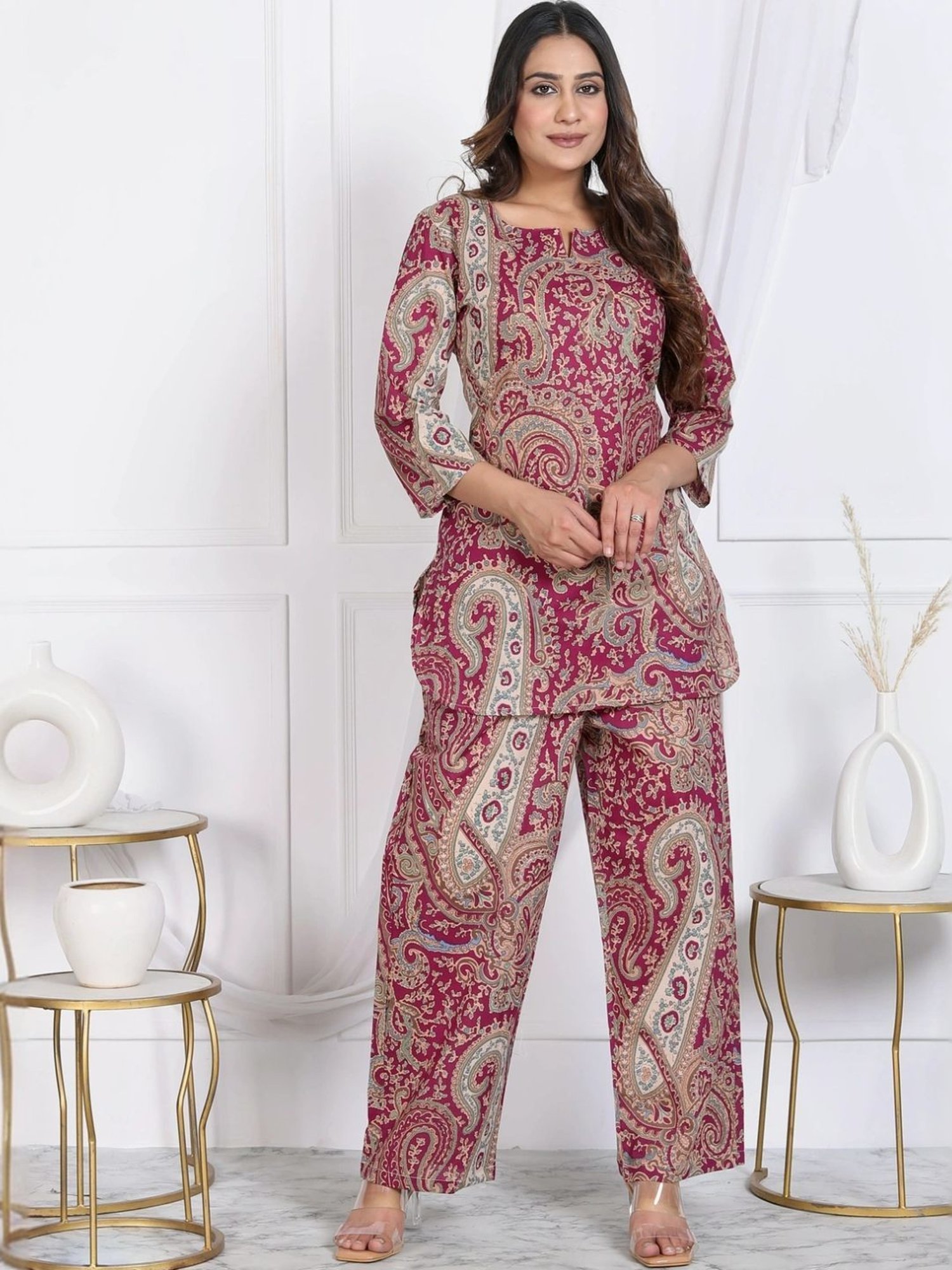 Kaftanize Crimson Paisley Printed Short Tunic with Pant