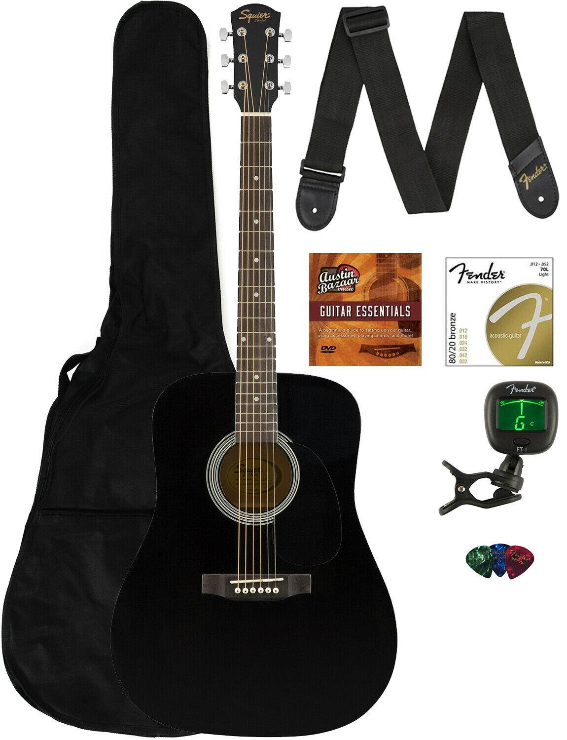 Fender Squier Dreadnought Acoustic Guitar - Black w/ Gig Bag