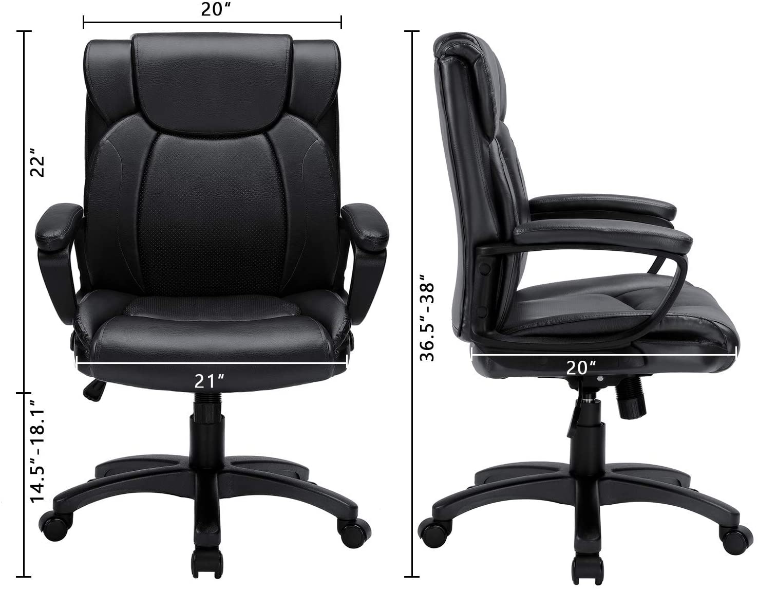 BOSSIN Mid-Back Executive Office Chair Leather Computer Desk Chair with Armrest,Swivel Ergonomic Task Chair with Lumbar Support,Thick Padded Rolling Chair for Adults (Mid-Back, Black)