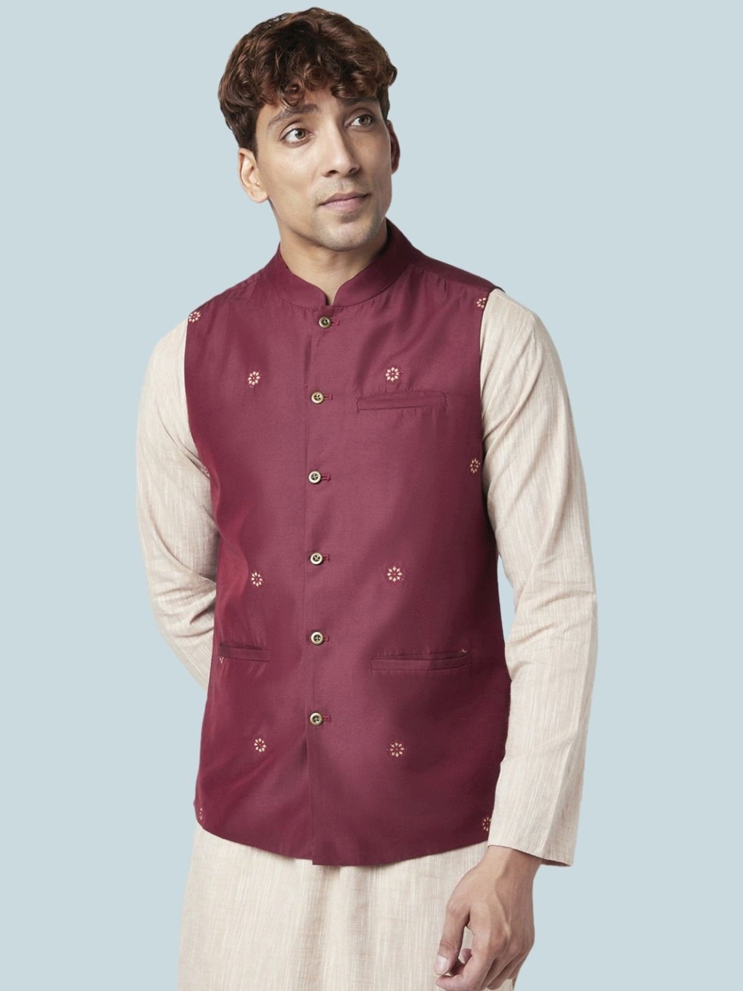 Indus Route By Pantaloons Maroon Regular Fit Embroidered Nehru Jacket