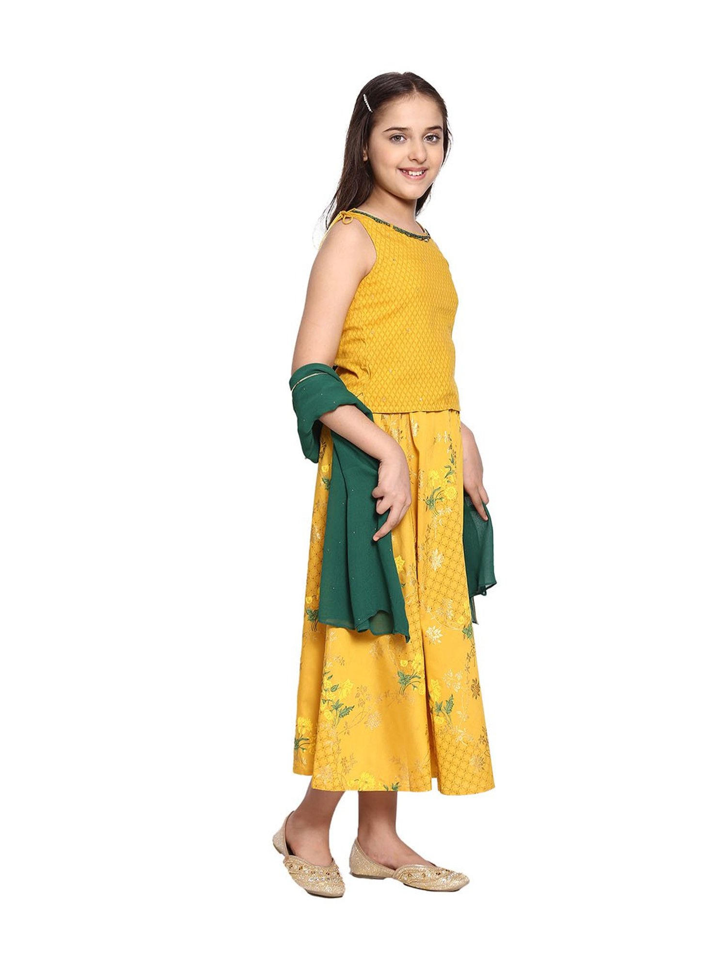Aurelia Kids Yellow & Green Embellished Top, Skirt with Dupatta