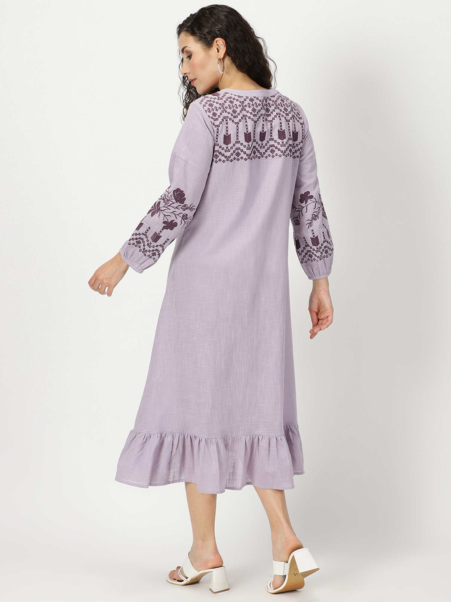 Saffron Threads Lilac Cotton Embroidered Ethnic Dress