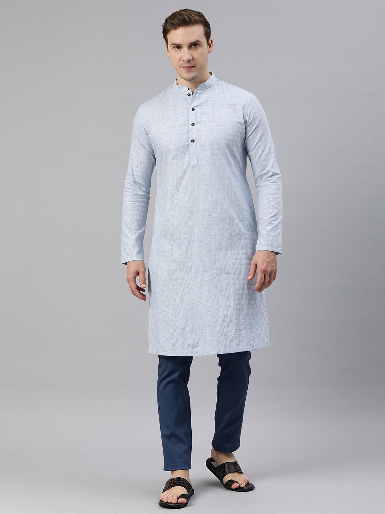 Manthan Light Blue Regular Fit Check Kurta