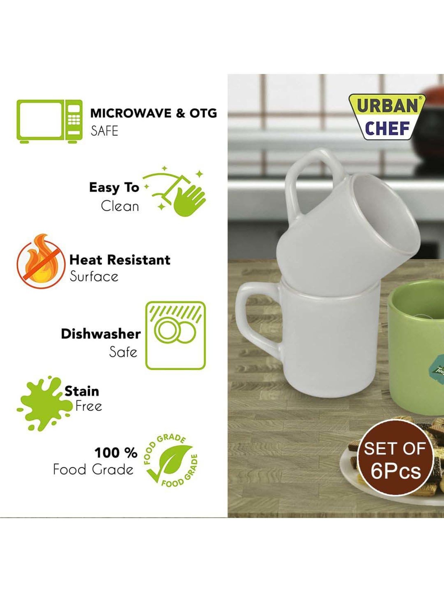 Urban Chef White & Parrot Green Ceramic Droite Handcrafted Microwave Safe Cup - Set of 6