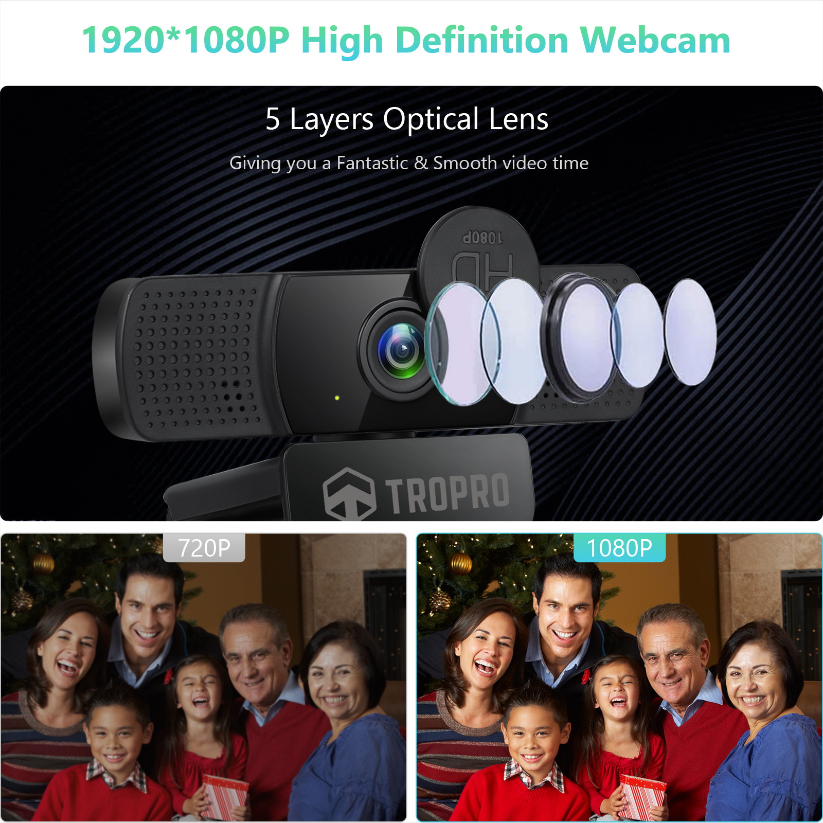 TROPRO Tw8 Webcam with Microphone, 1080P Full HD Computer Camera for PC with Cover, Expandable Tripod, USB Web Camera with Cover for Video Calls, Streaming, Skype, Zoom, Teleconference