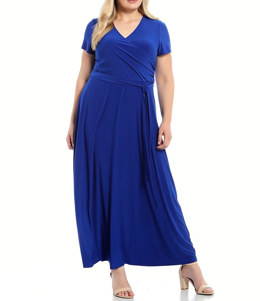 Eliza J Plus Size Matte Jersey Faux Wrap Tie Waist V-Neck Short Sleeve Maxi Dress