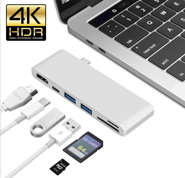 Wanmingtek USB-C Hub, USB C to HDMI Adapter for MacBook 2017/2016 with USB-C Power Delivery Port, 2 USB 3.0 Ports, SD/Micro Card Reader - Silver