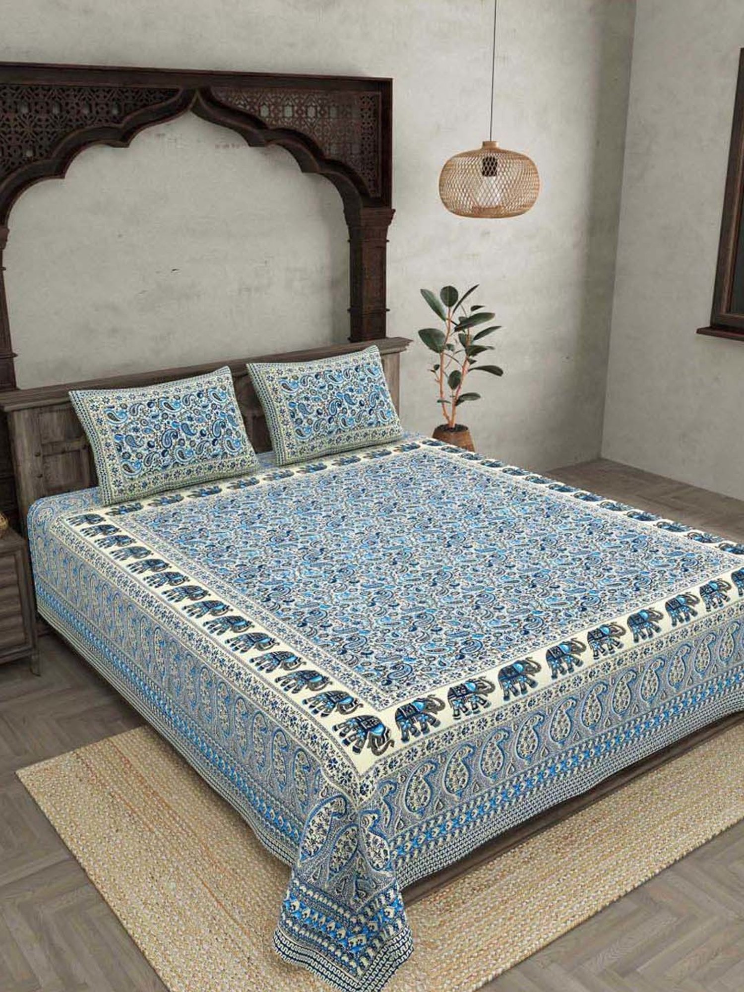 JaipurFabric Blue Cotton 180 TC Double Bedsheet with 2 Pillow Covers