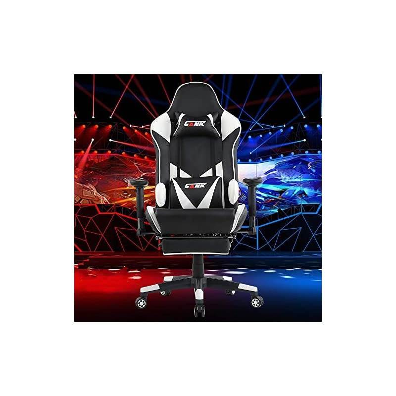 Gaming Chair Racing Chair PU Leather Ergonomic High-Back Adjustable Height Professional E-Sports Chair with Footrest and Lumbar Pillows (White)