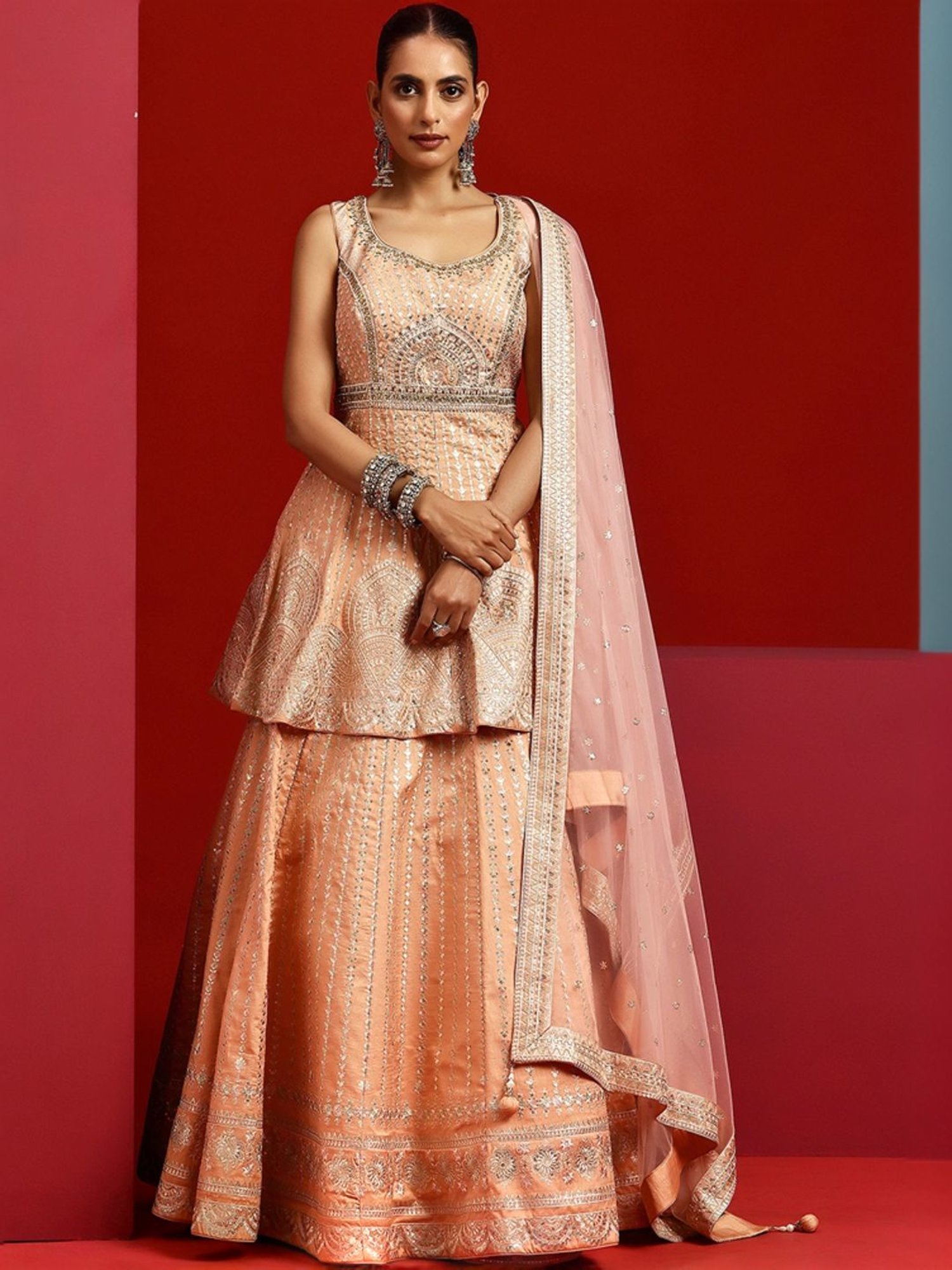 Libas Art Peach Embroidered Lehenga Choli Set With Dupatta