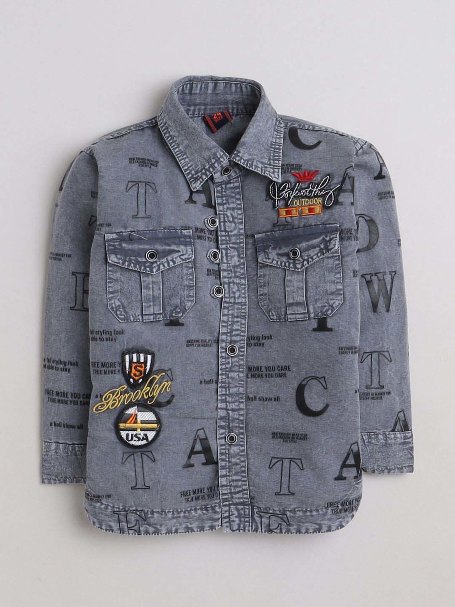 Fourfolds Boys Grey & Blue Printed Full Sleeves Clothing Set