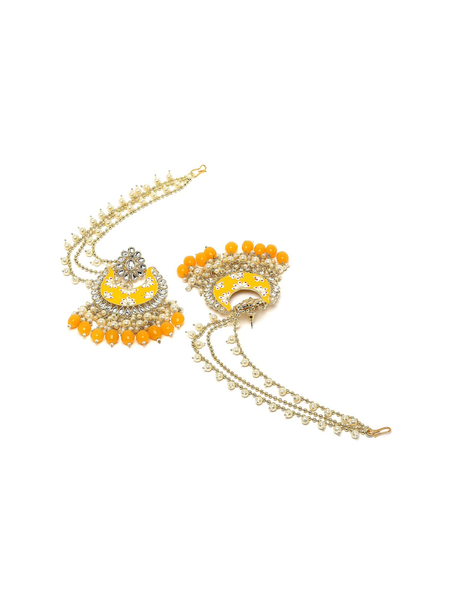 Karatcart Yellow Meena Floral Design Gold Plated Pearl and Tumble Studded Kundan Kaanchain Earrings