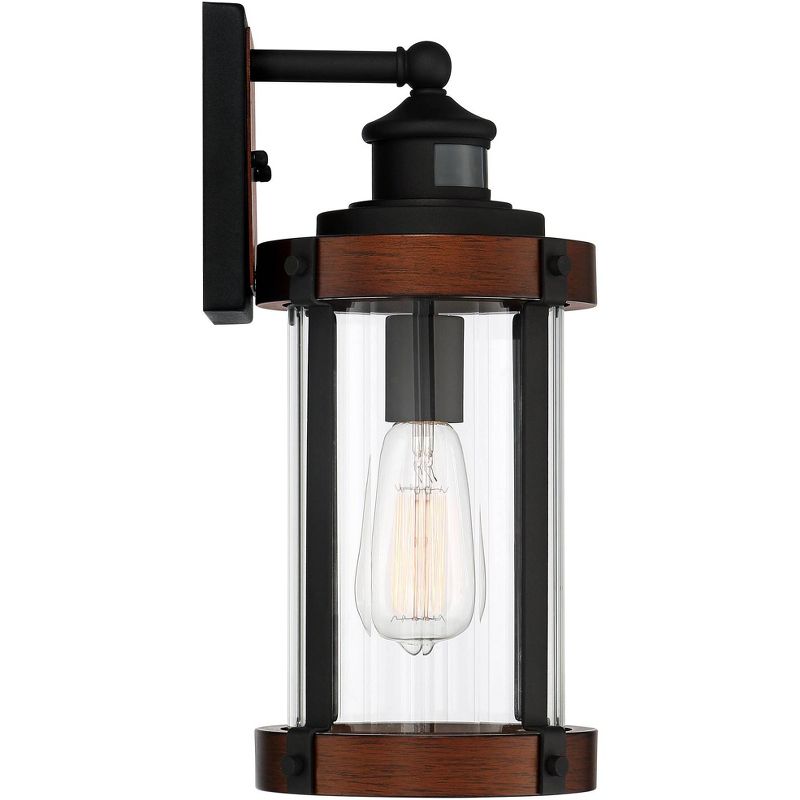 John Timberland Industrial Outdoor Wall Light Fixture Dark Wood Black 15 1/2" Motion Sensor Clear Glass for Exterior House Porch