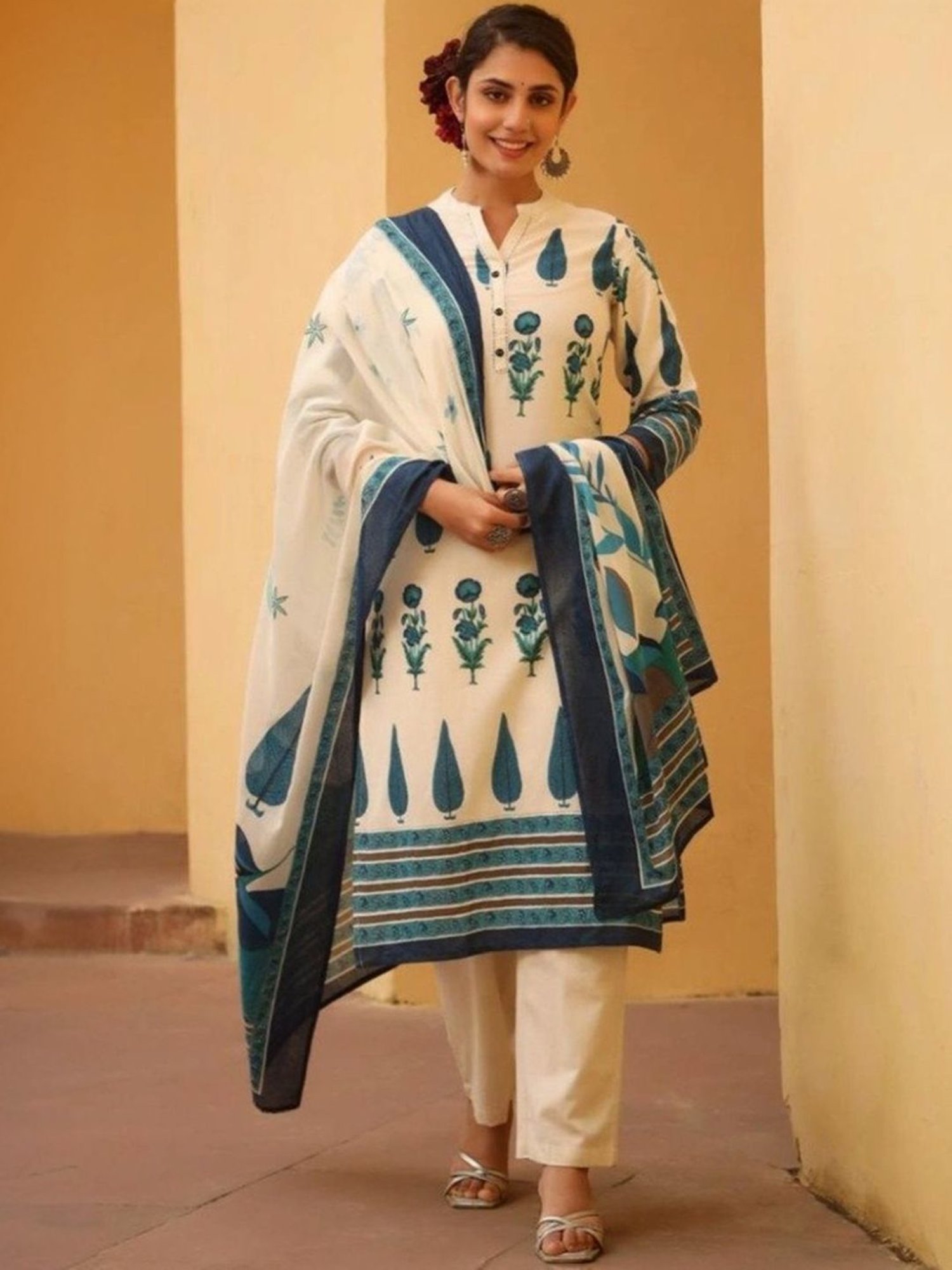 Autumnlane Blue Suman Indigo Print Cotton Kurta with Pant and Dupatta
