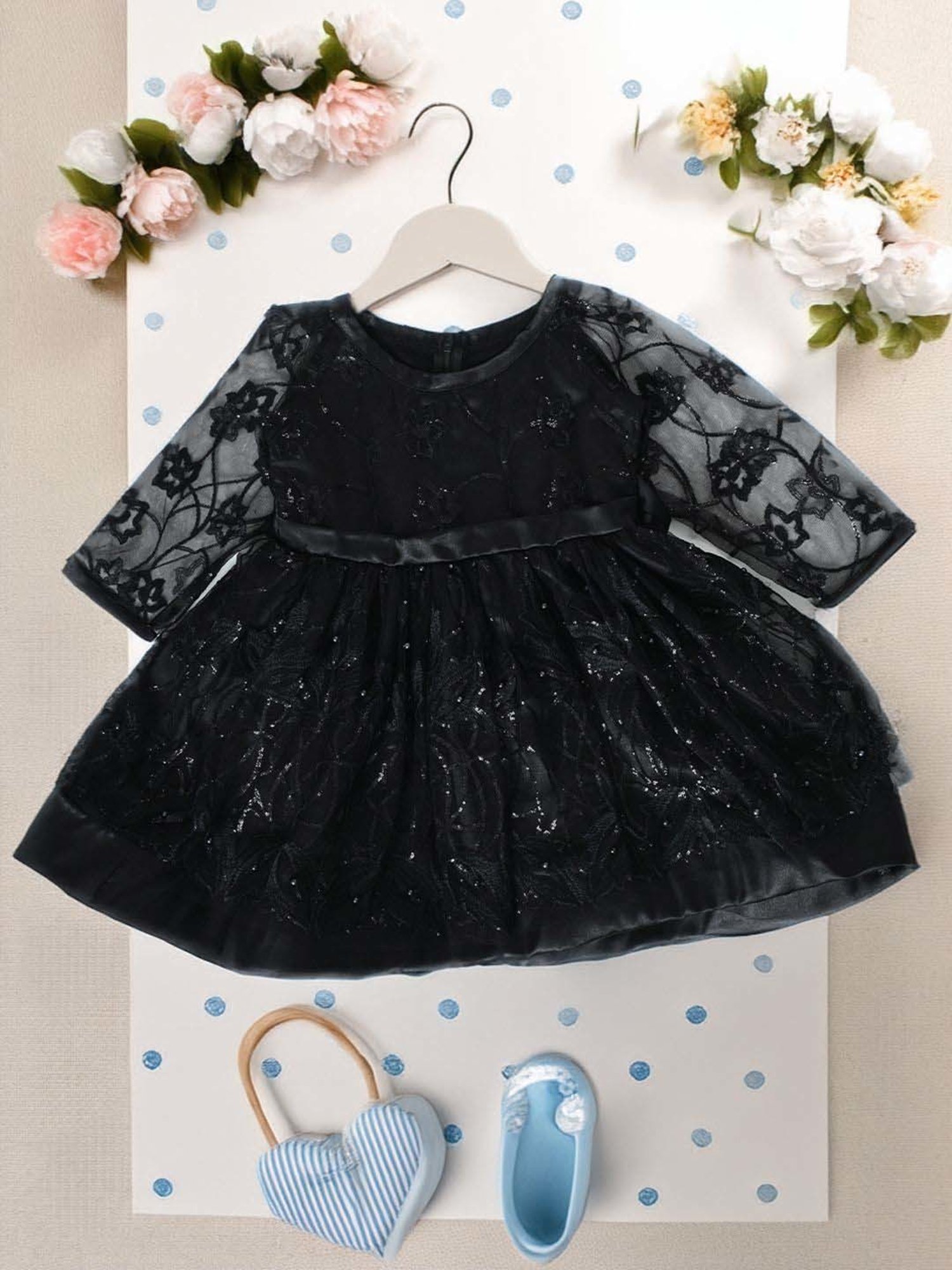 Bella Moda Kids Black Self Pattern Dress