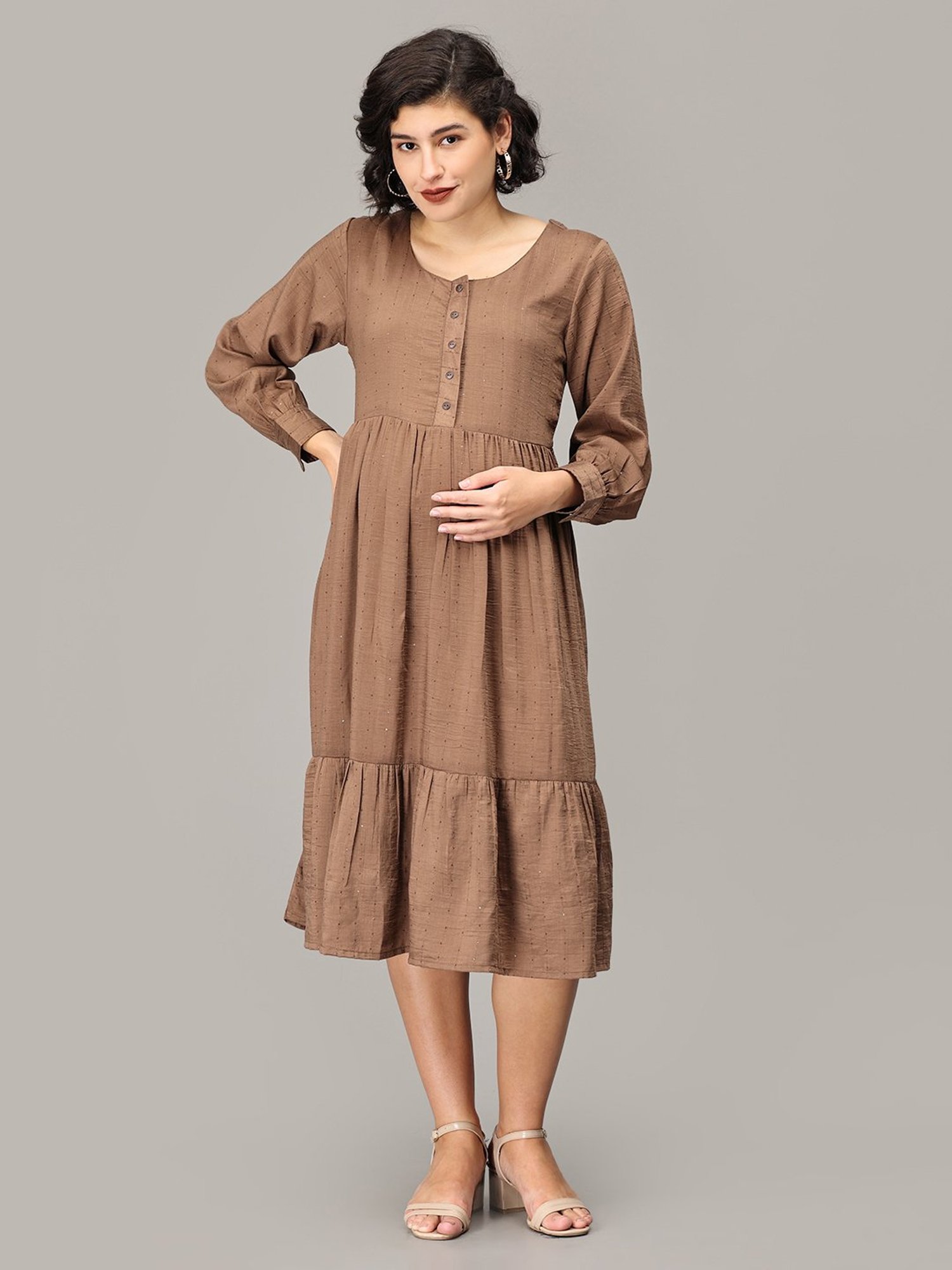 The Mom Store Brown Self Design Maternity Tier Midi Dress