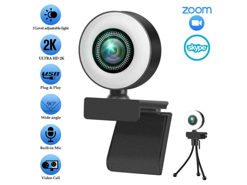Vicabo 2K Quad HD Webcam for PC Computer 1440P QHD Camera, USB Web Cam Buit-in Microphone, Expandable Tripod, Touch Switch Light, for Skype, Zoom, Streaming, Teleconference etc.
