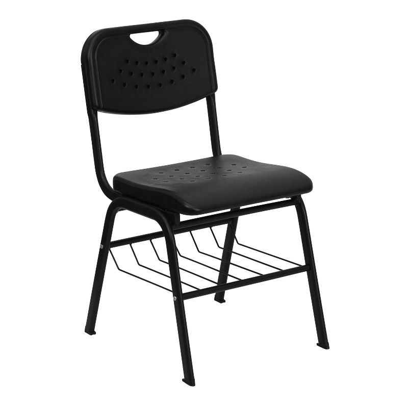 Emma and Oliver Black Plastic Student Classroom Chair with Book Basket